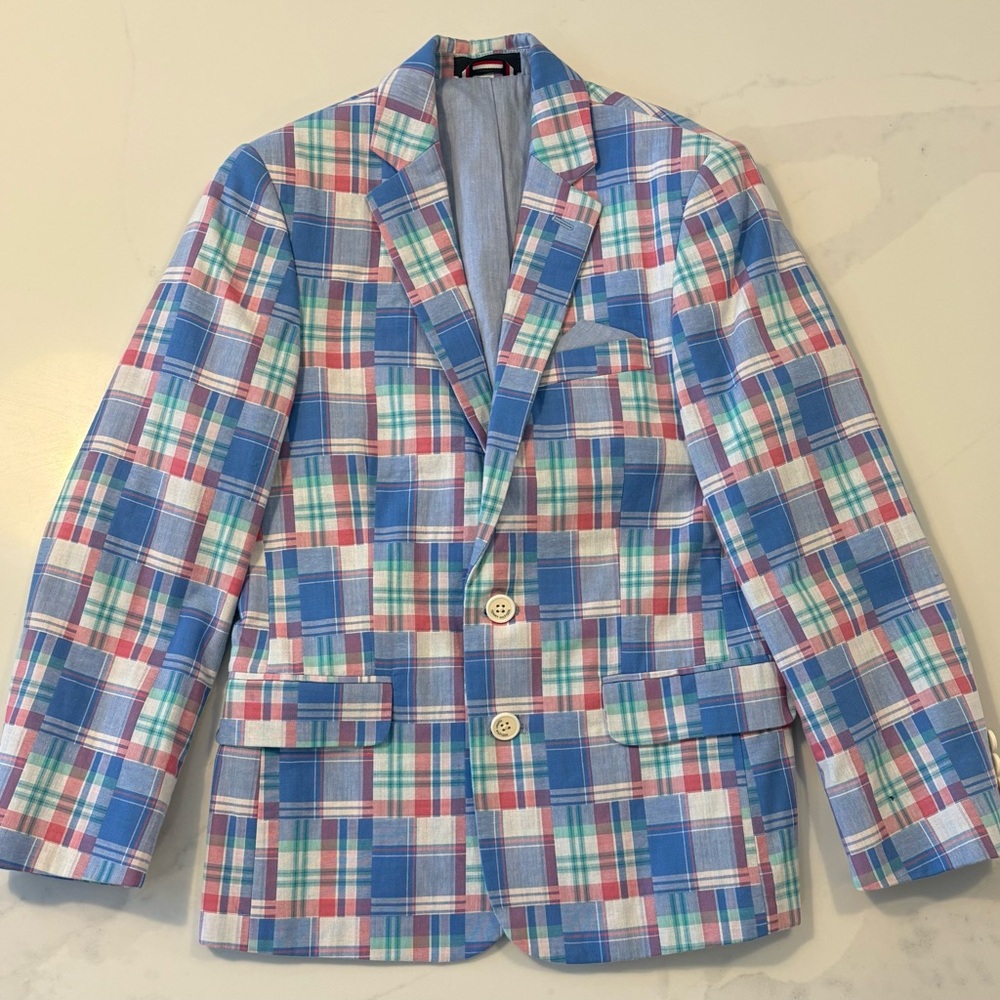 Tommy Hilfiger Blue Multi-Color Madras patchwork Sport Coat blazer pastel